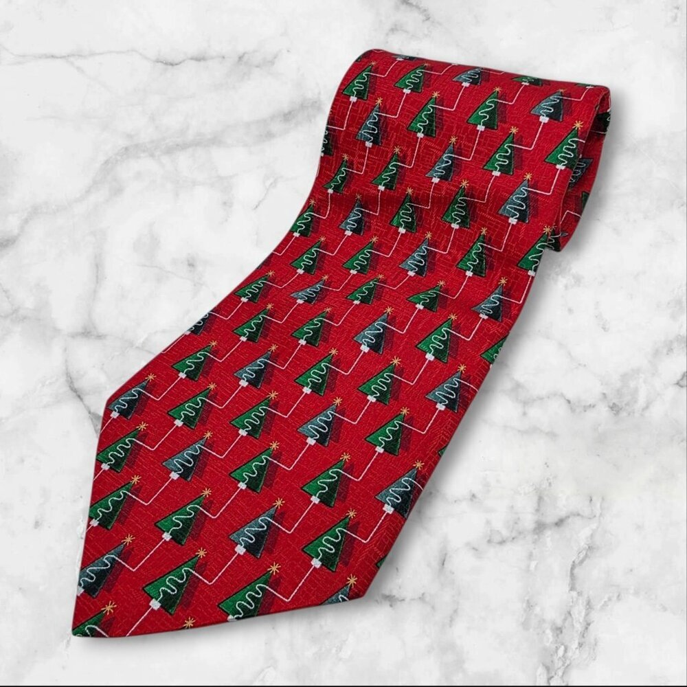Holidays by MMG‎ Men's Neck Tie Red Christmas Trees 58" 100% Silk USA EUC